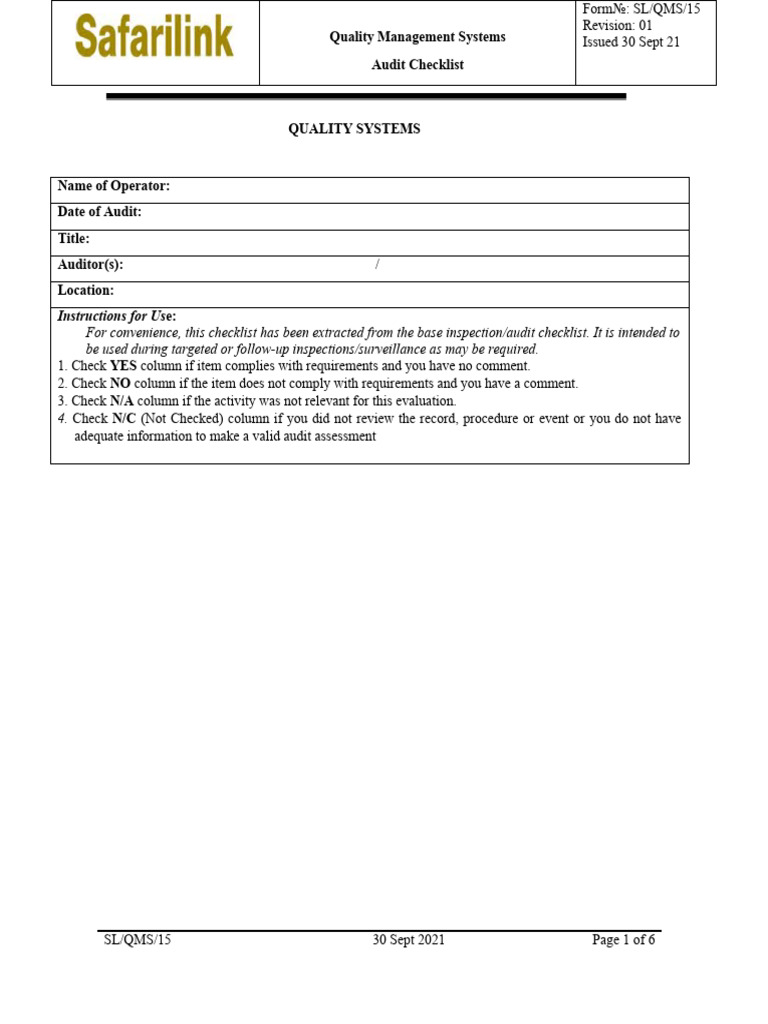 Quality Management System Audit Checklist | PDF | Audit | Quality ...