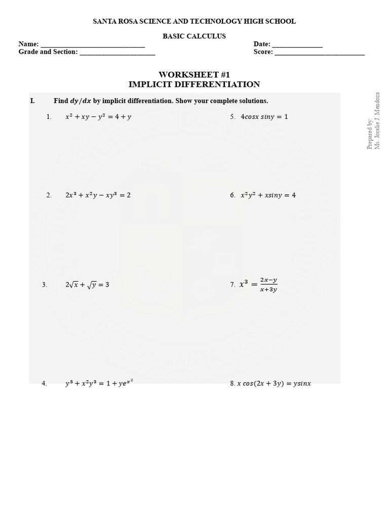 Implicit Differentiation Worksheet | PDF | Tangent | Curve