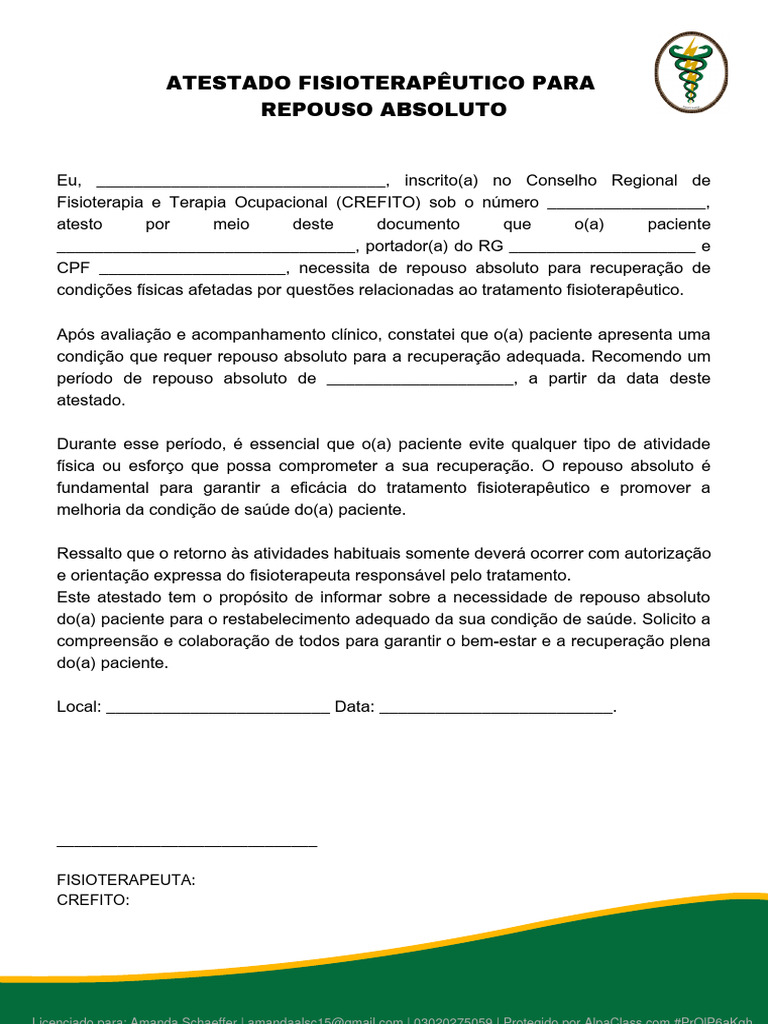 Atestado Fisioterapeutico para Repouso Absoluto Imprimir e Preencher | PDF