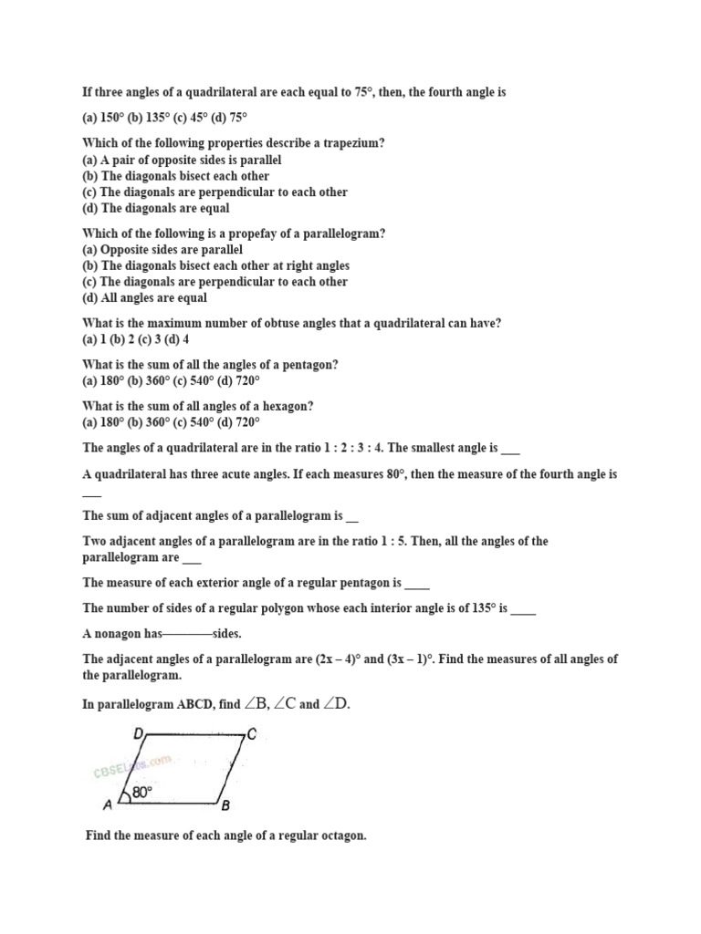 Quadrilateral and Polygon Angle Problems | PDF | Language Arts & Discipline