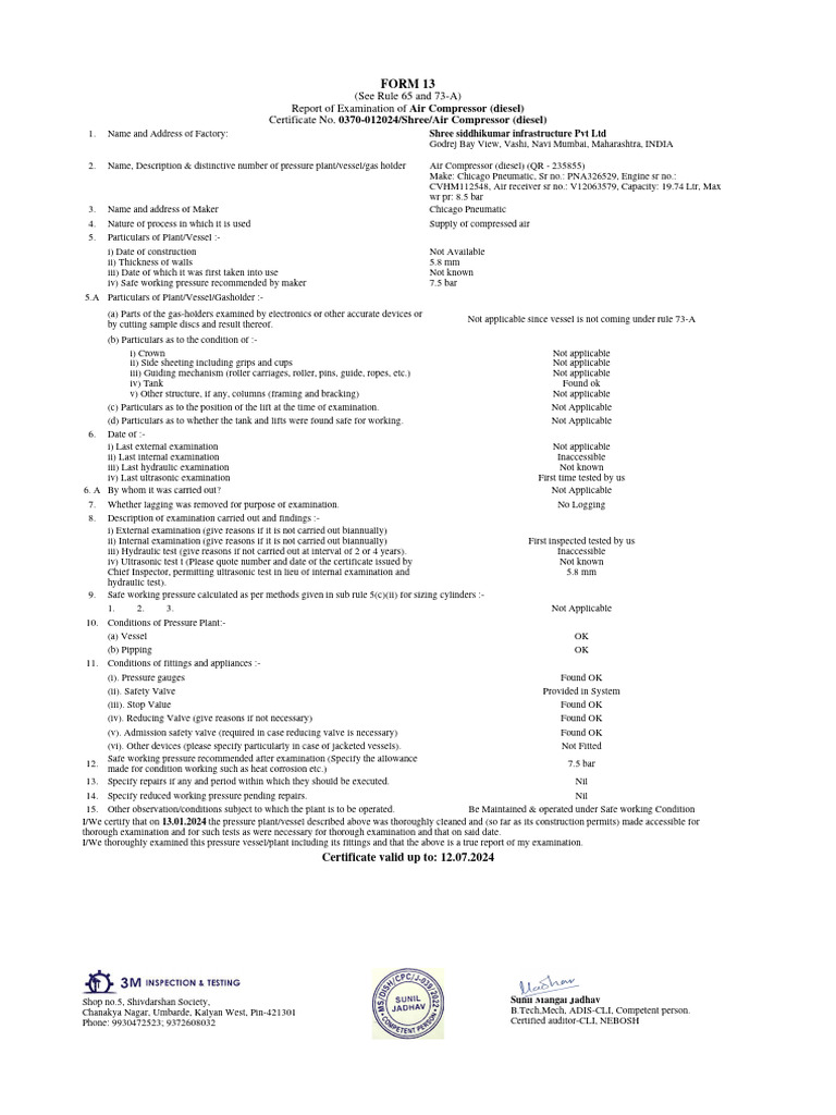 Air Compressor Examination Report | PDF | Valve | Diesel Engine