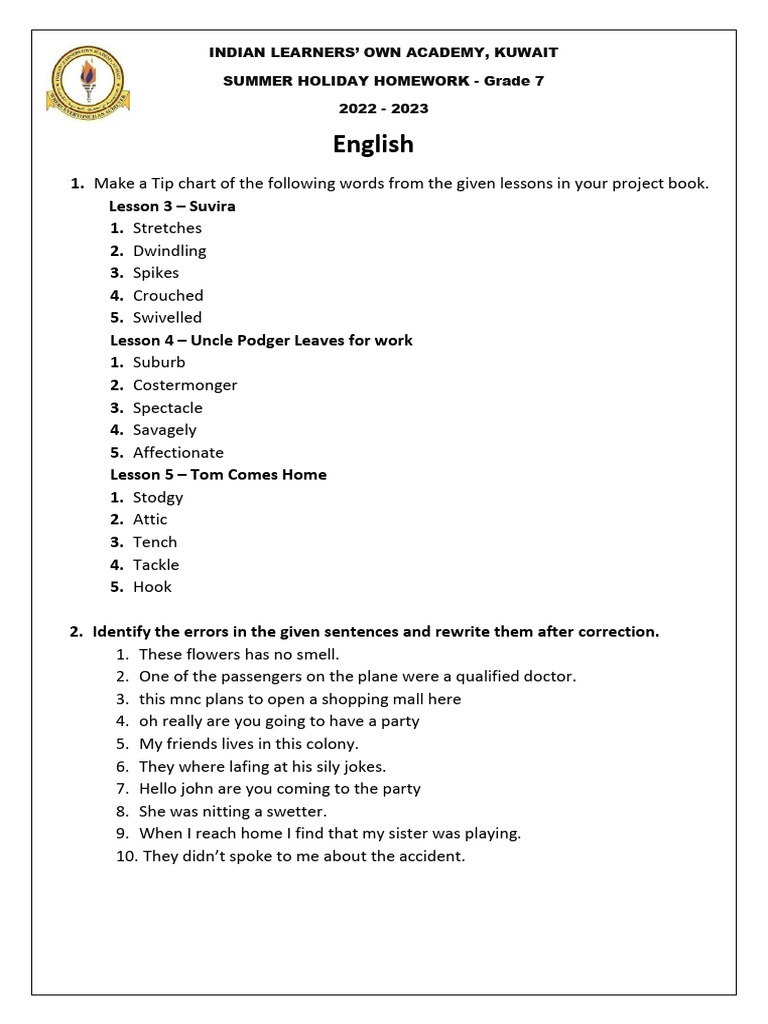 Class 7 Holiday Homework-converted | PDF
