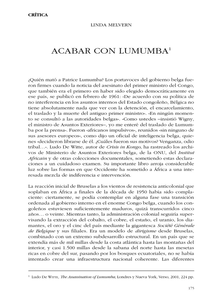 Linda Melvern, Acabar Con Lumumba, NLR 11 | PDF | República Democrática ...
