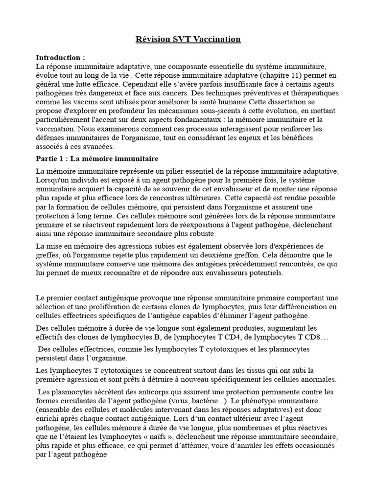 Mécanismes de la mémoire immunitaire et vaccination | PDF | Système ...