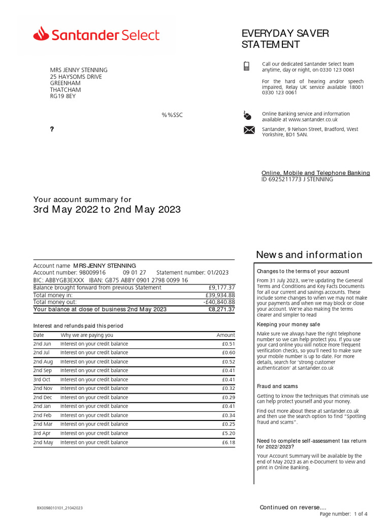 Santander Statement for MRS JENNY STENNING | PDF | Overdraft | Interest