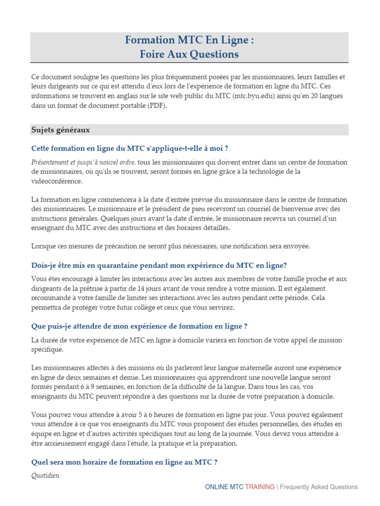FAQ sur la formation MTC en ligne | PDF | Église de Jésus-Christ des ...
