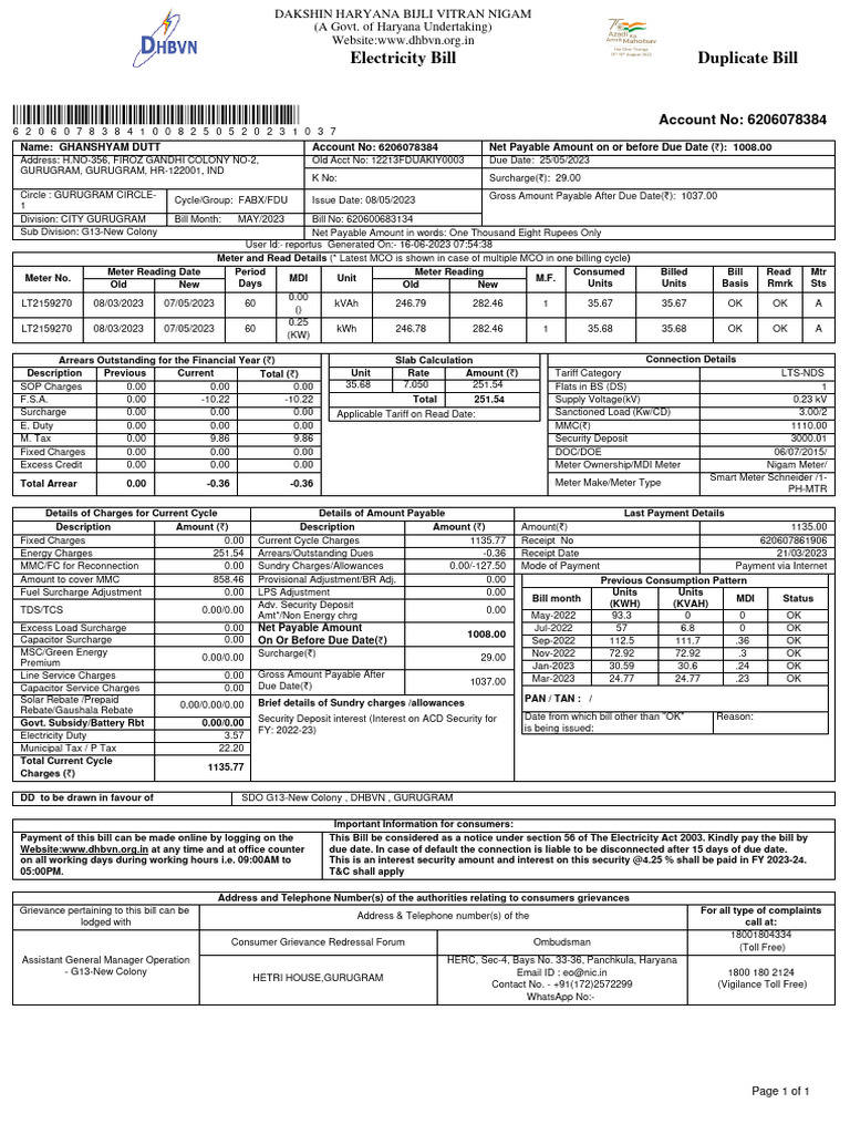 DHBVN Bill Download Free PDF Tax Refund Fee