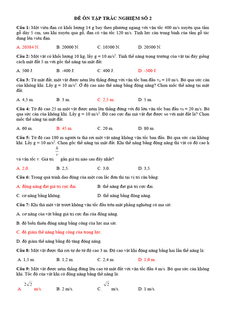 De On Tap Trac Nghiem hk2 Ly 10 Dap An | PDF