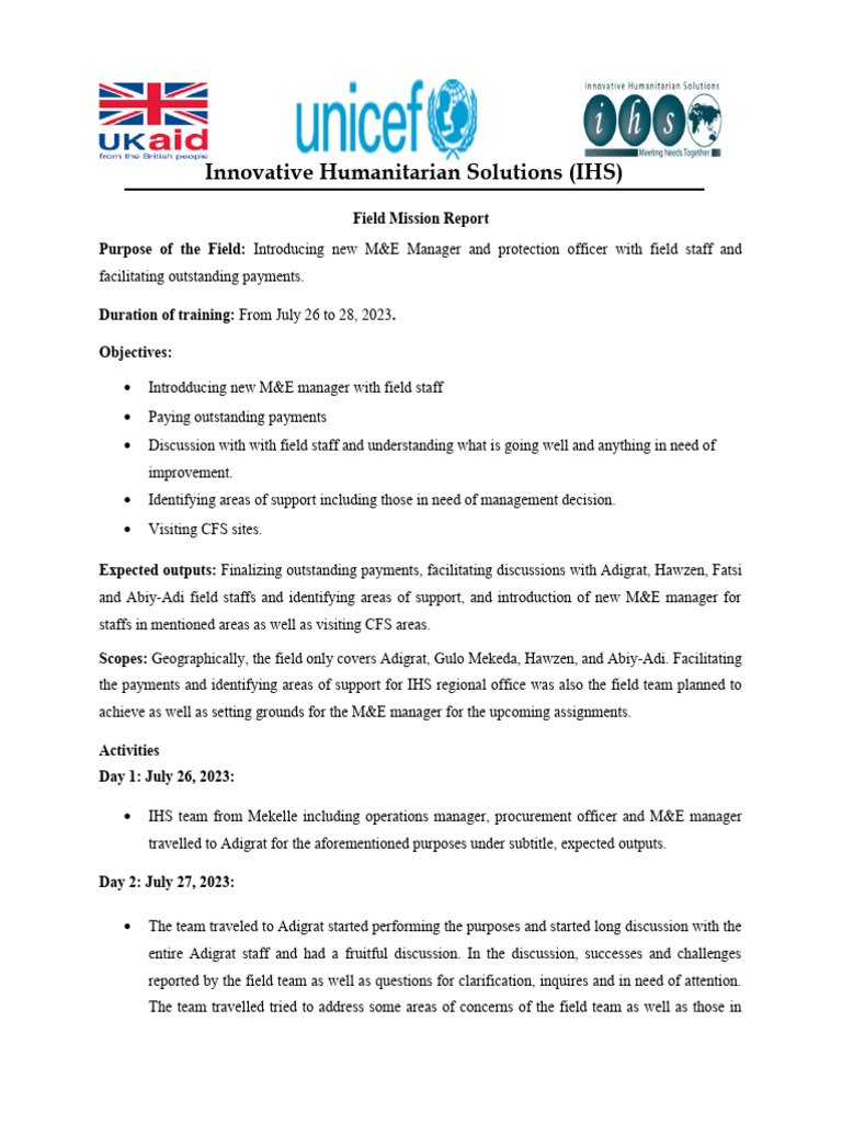 Field Mission Report - 310723-NBHB | PDF | Business | Finance & Money ...