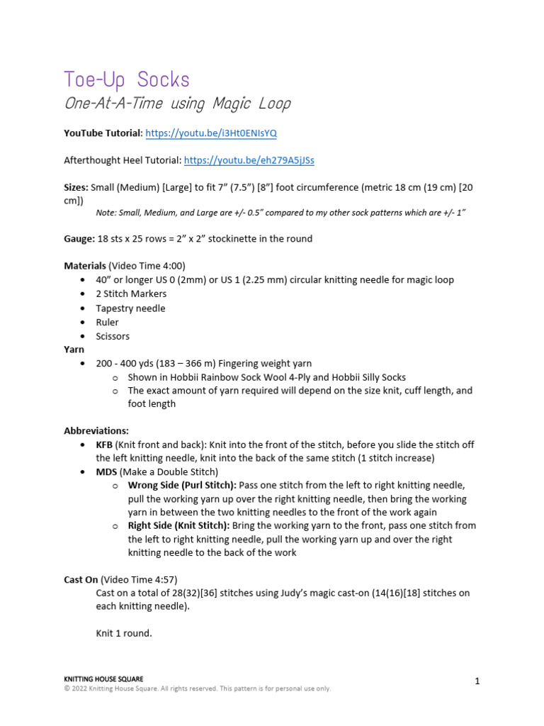 Toe-Up Magic Loop Sock Pattern | PDF | Knitting | Knitting Needle