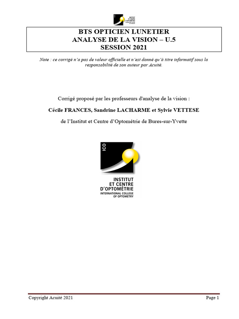 Bts Ol Analyse Vision 2021 Corrige PDF Vision il Humain