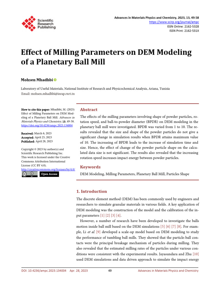 Effect of Milling Parameters On DEM Modeling Yay | PDF | Mill (Grinding ...
