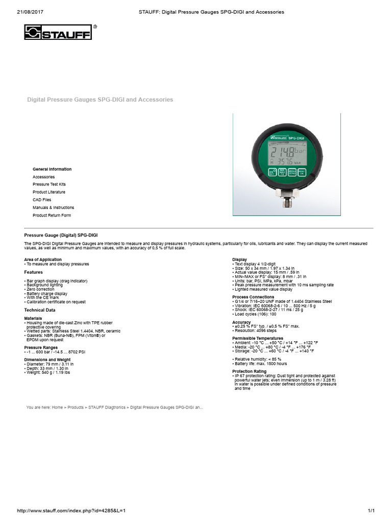 Stauff SPG-DIGI Digital Pressure Gauge | PDF | Pressure Measurement ...