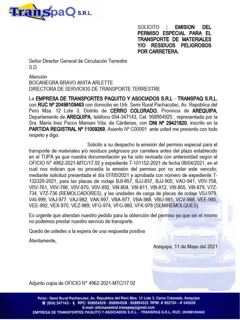 Solicitud para Subsanar Observaciones Matpel MTC | PDF | Derecho