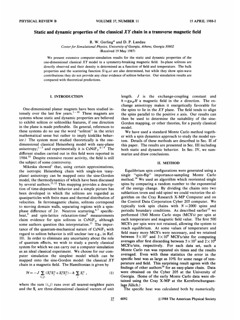 Static and Dynamical Properties of The Classical XY Chain | PDF | Spin ...