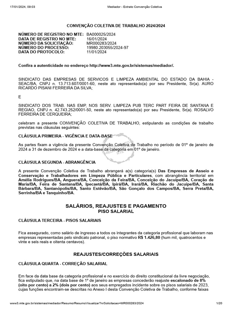 CCT SEAC X SINTRALPFS 2024 Registro BA0000252024 Download grátis
