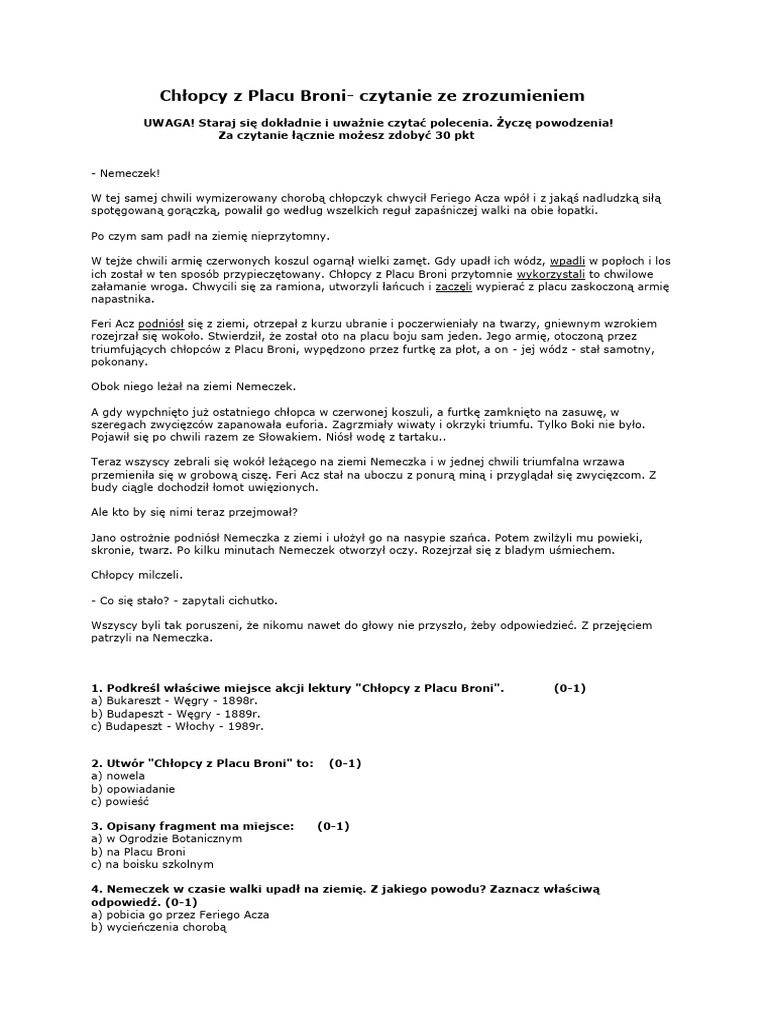 Wypracowanie Chłopcy Z Placu Broni Tematy Chłopcy Z Placu Broni Sprawdzian Klasa 5 | PDF