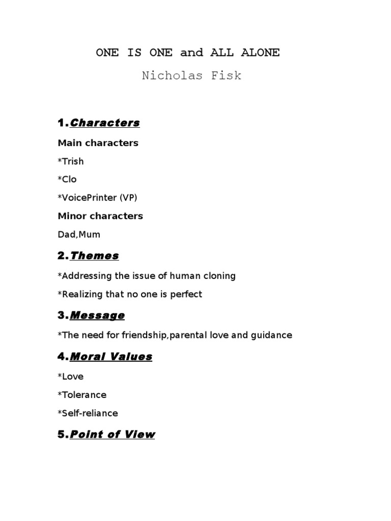 One Is One and All Alone Nicholas Fisk: 1. Characters | PDF
