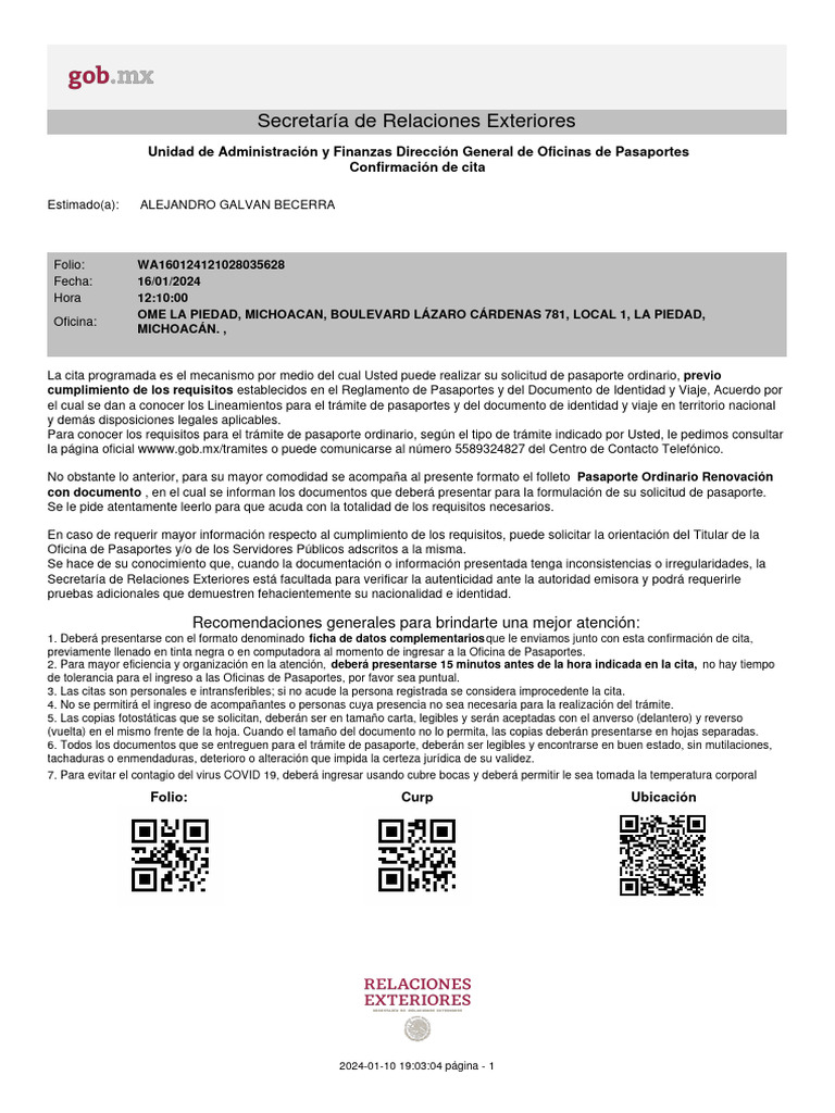 Confirmación de Cita para Pasaporte 2024 | PDF | Pasaporte | Documento ...
