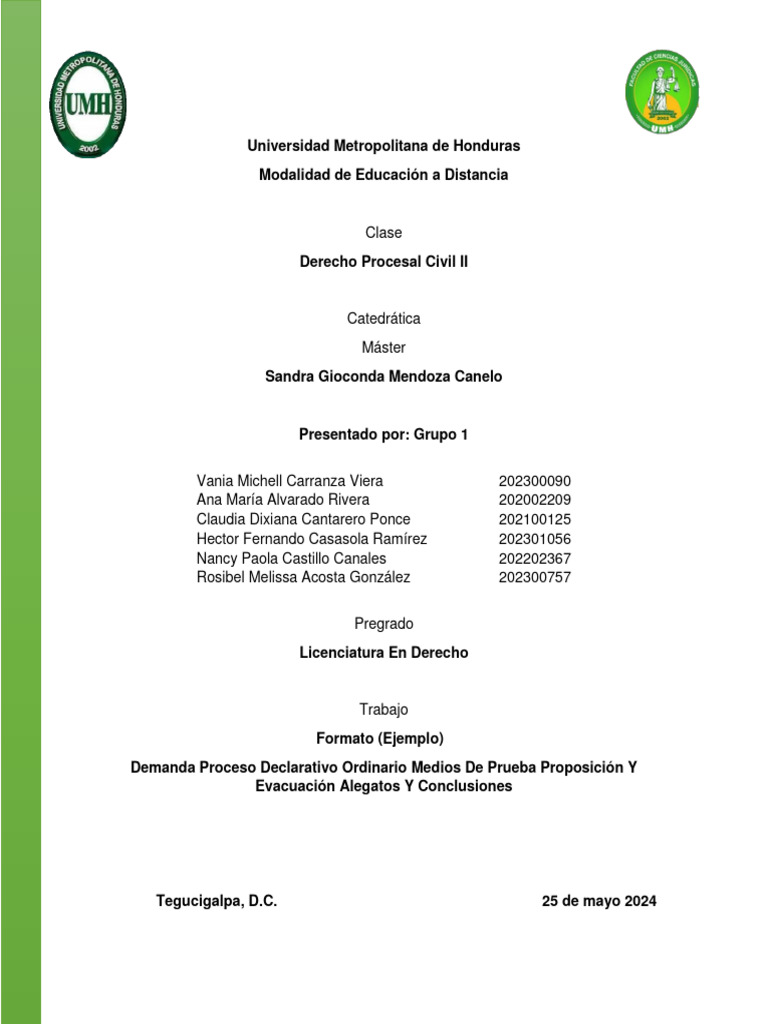 Demanda Proceso Declarativo Ordinario Medios De Prueba Proposición Y