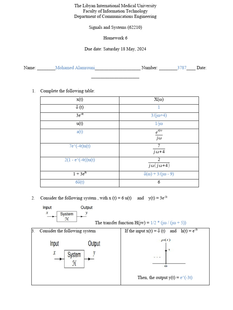 Signals and Systems - Homework 6 - Spring 2024 | PDF | Fourier Analysis ...