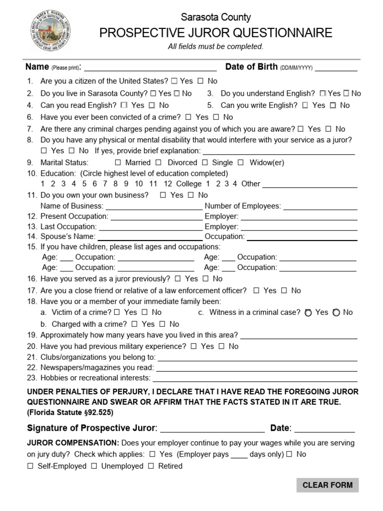 Sarasota County Juror Questionnaire | PDF | Employment | Crimes