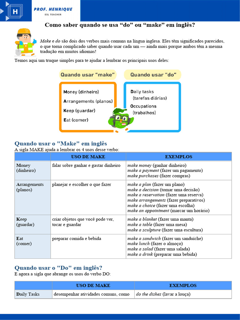 Diferença entre "Make" e "Do" em Inglês | PDF