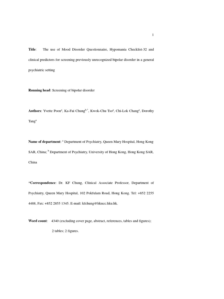 The use of mood disorder questionnaire hypomania checklist 32 and