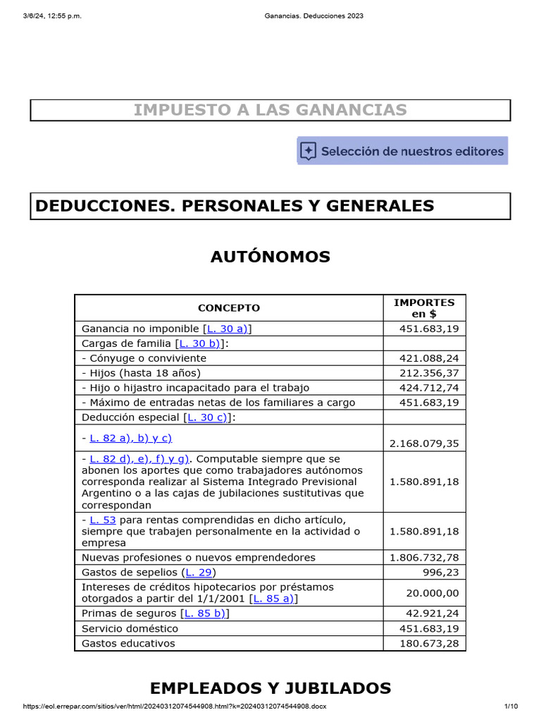 Deducciones Impuesto a las Ganancias 2023 | PDF | Salario | Impuesto ...