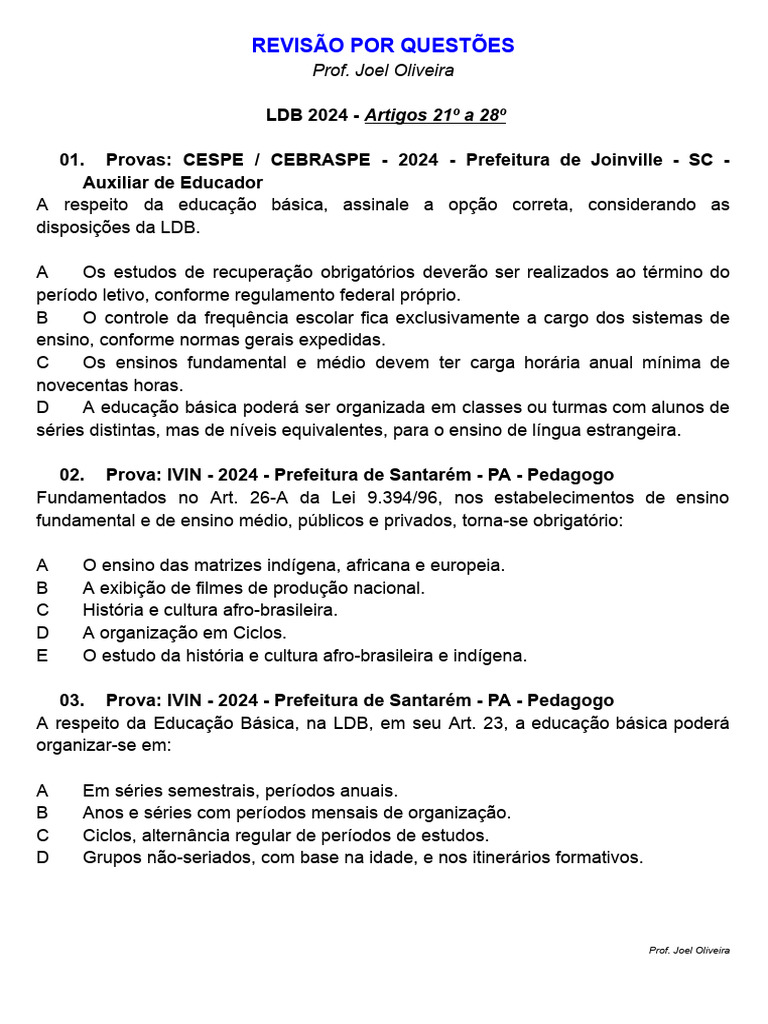 Simulado LDB 2024 com Gabarito | PDF | Pré-escola | Educação Física