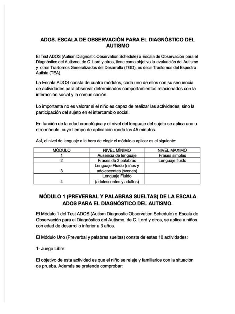 Escala ADOS para Diagnóstico del Autismo | PDF | Espectro autista ...
