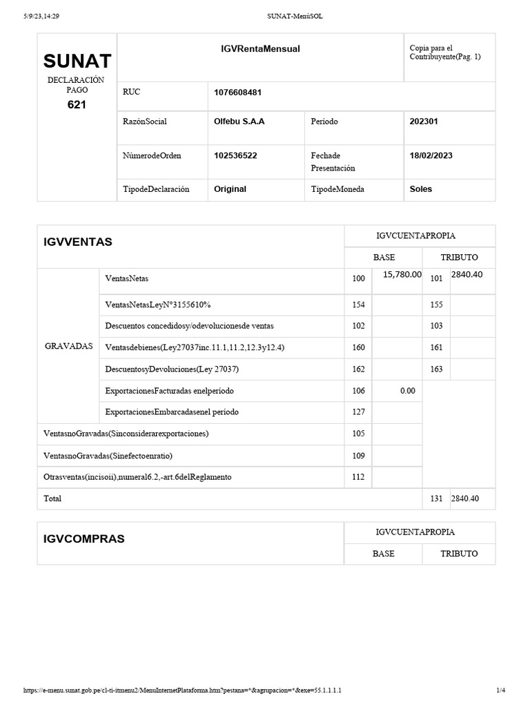 Declaración PDT 621 SUNAT 2023 | PDF