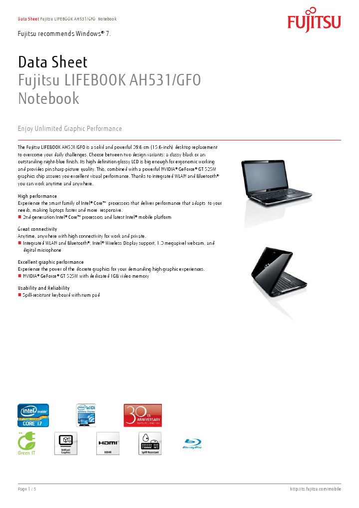 Fujitsu LIFEBOOK AH531/GFO Notebook: Data Sheet | PDF | Computers