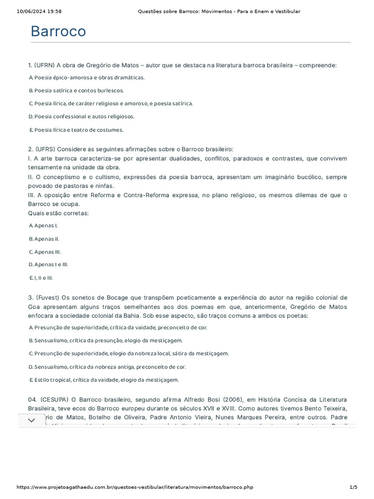 Questões Sobre Barroco - Movimentos - para o Enem e Vestibular | PDF ...