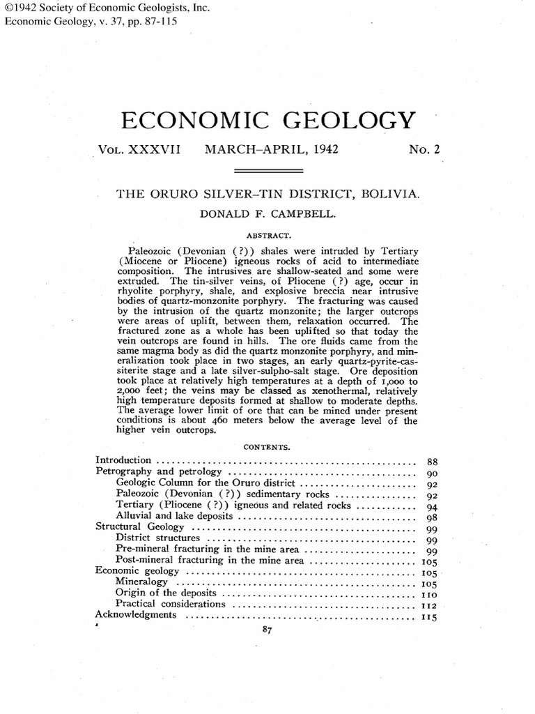 Oruro Silver-Tin District Geology | PDF | Slate | Shale