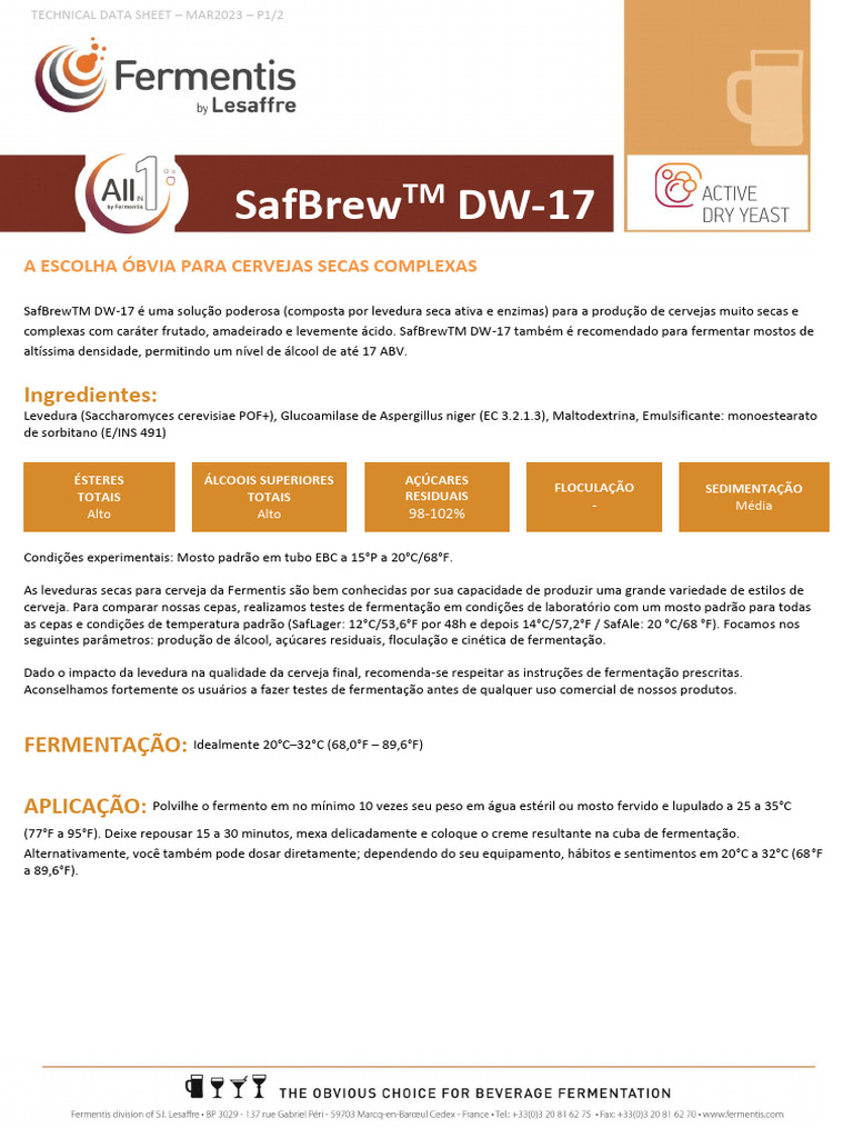 SafBrew DW-17 TDS - Technical Data Sheet | PDF | Cerveja | Fermento