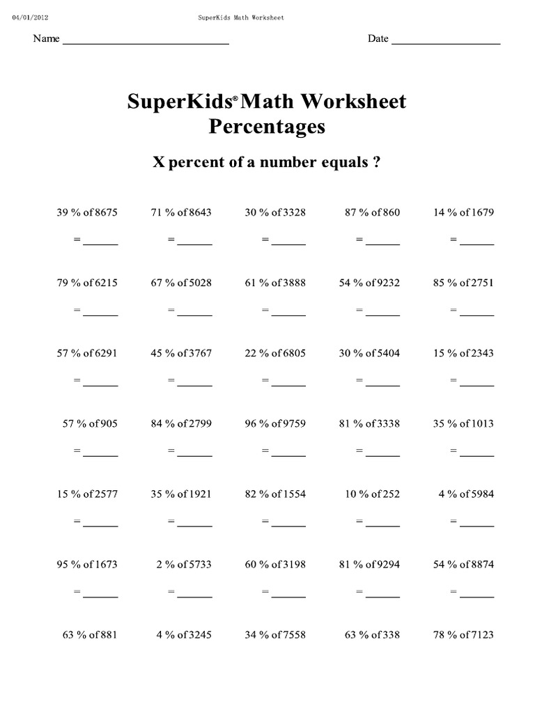 Math Worksheet X Percent of | PDF