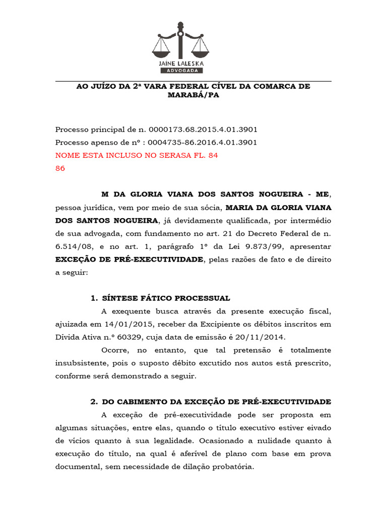 EXCEÇÃO de PRÉ-EXECUTIVIDADE - Maria Da Gloria Viana Dos Santos ...