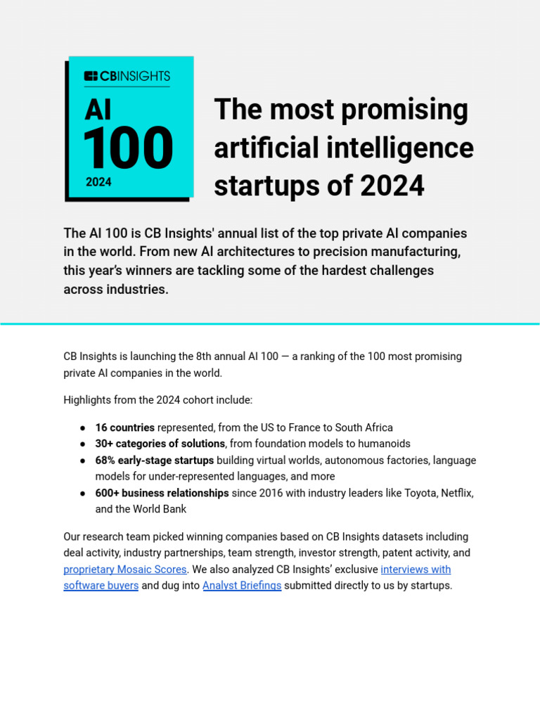 2024 AI 100: Top Startups Revealed | PDF | Artificial Intelligence ...
