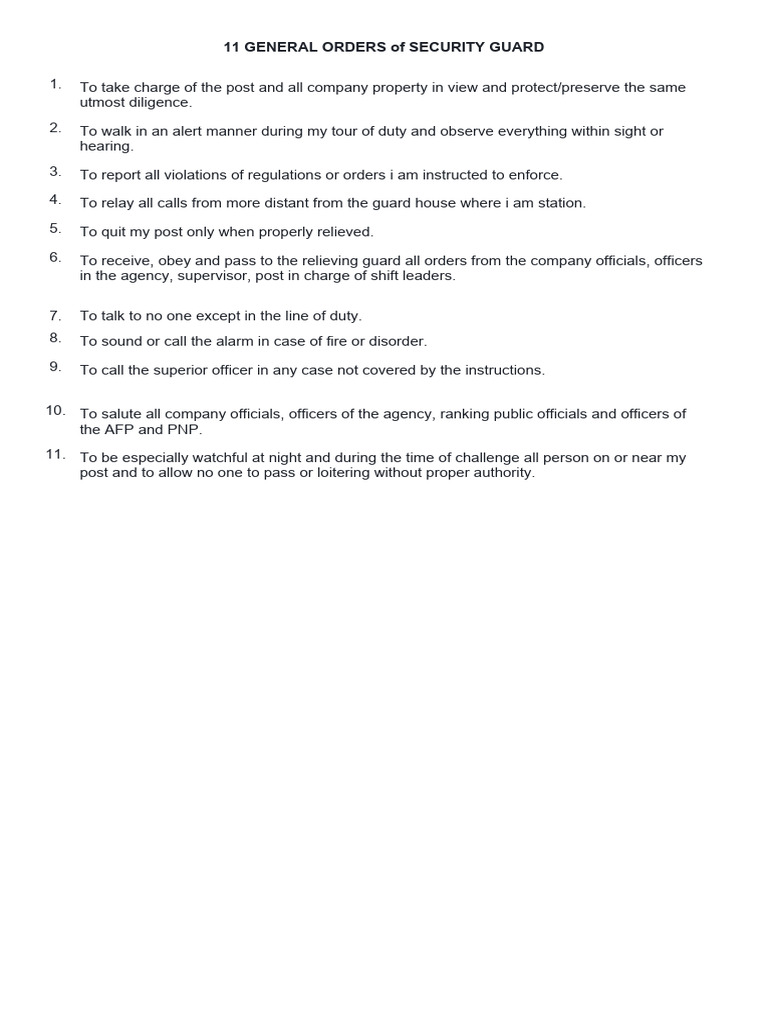 11 General Orders for Security Guards | PDF