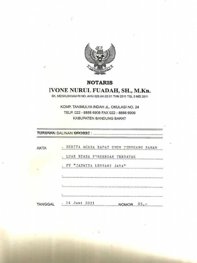 Scan Berita Acara RUPS LB PT Jaswita Lestari Jaya 14 Juni 2021 | PDF