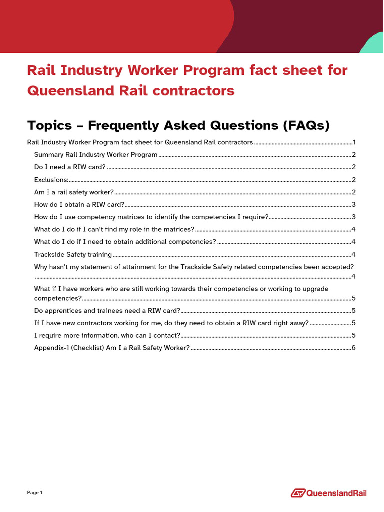 RIW Card Guidelines for Queensland Rail | PDF | Rail Transport ...