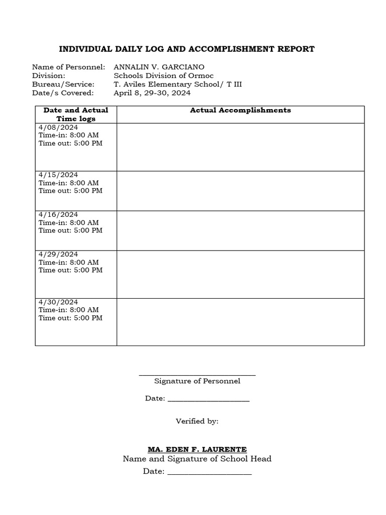 Daily Log & Accomplishment Report | PDF | Social Science