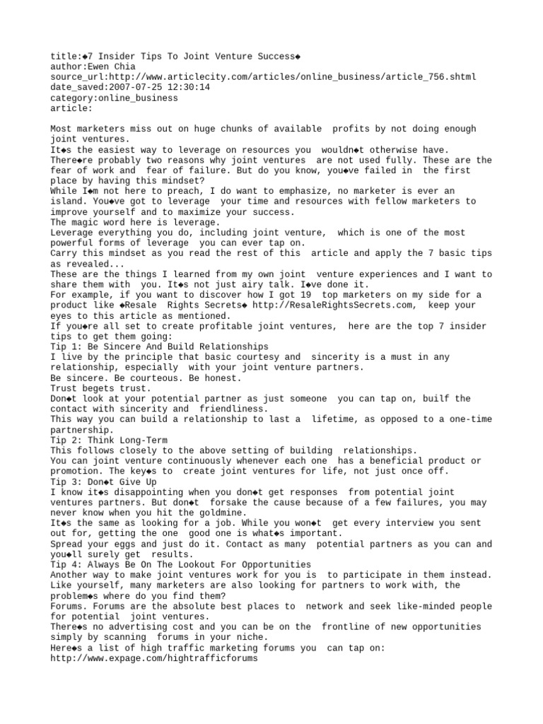  7 insider tips to joint venture success pdf joint venture