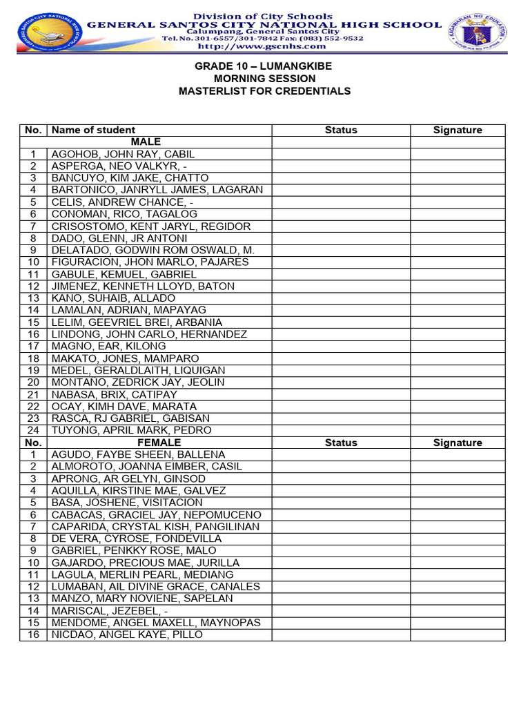 Grade 10 Student Credential Masterlist | PDF
