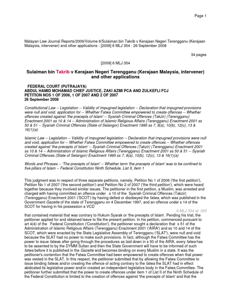 Sulaiman Takrib v Terengganu: Legal Rulings | PDF | Sharia | Public Law