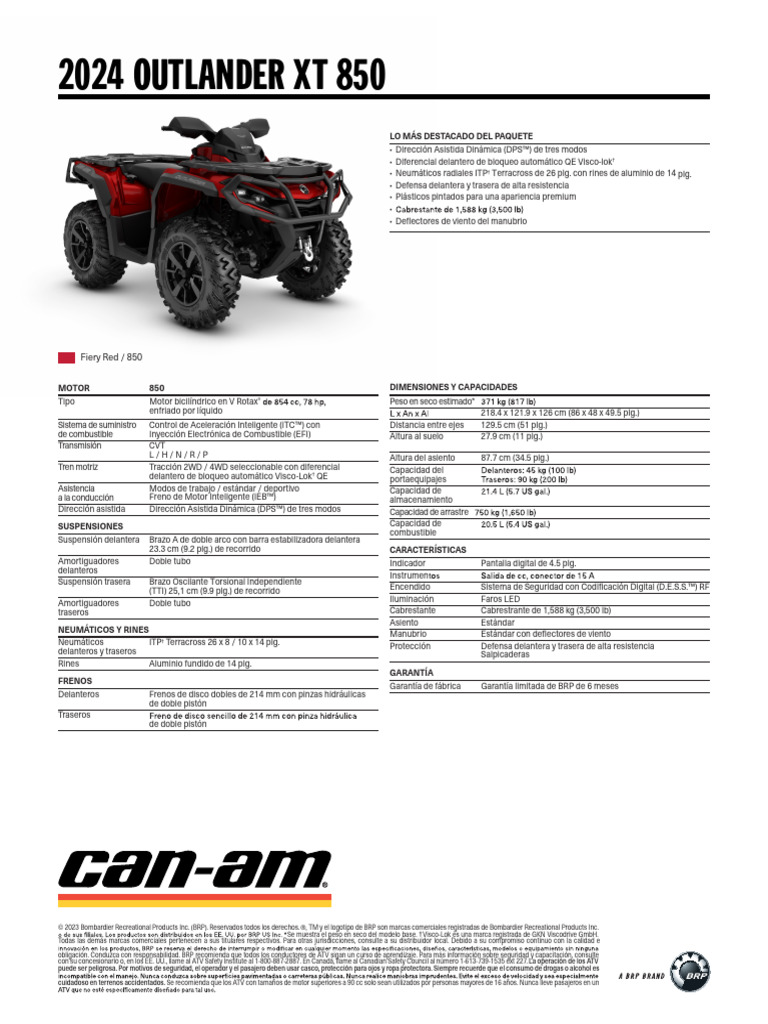 CAN AM ORV ATV MY24 RecUtility OUT XT 850 FieryRed SPEC 8.27x11.6 CSC ...