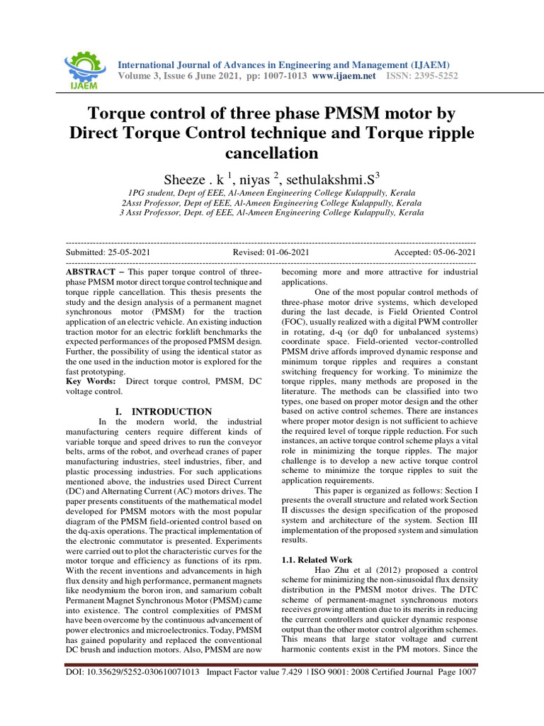 Torque Control in PMSM Motors | PDF | Rectifier | Electric Motor