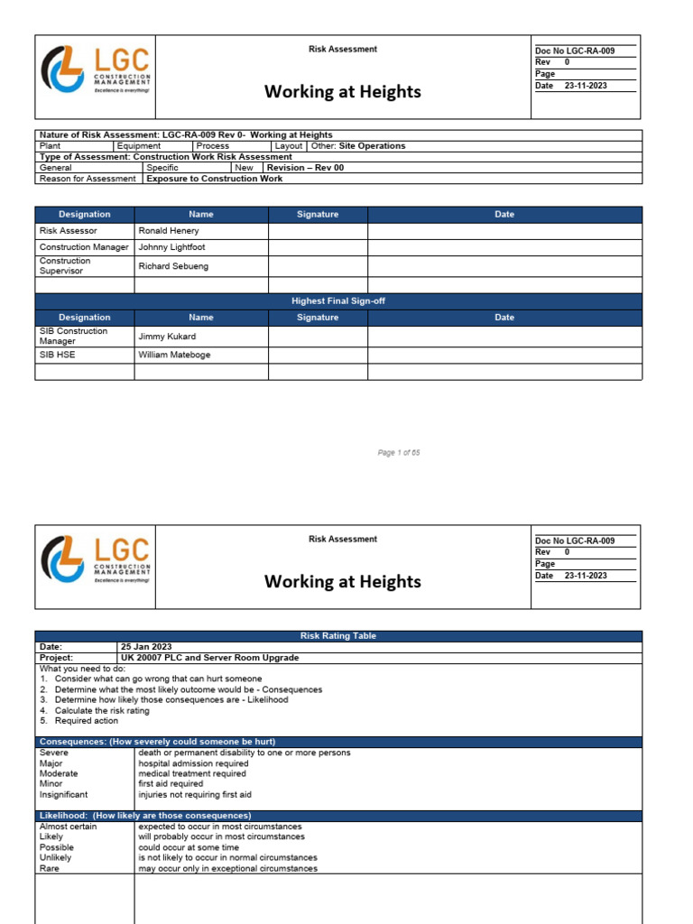 Working at Heights Risk Assessment Guide | PDF | Risk | Hygiene