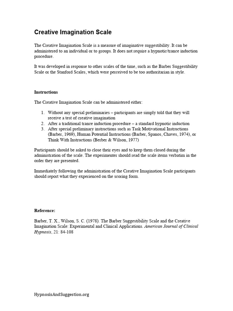 Creative Imagination Scale Overview | PDF | Hypnosis